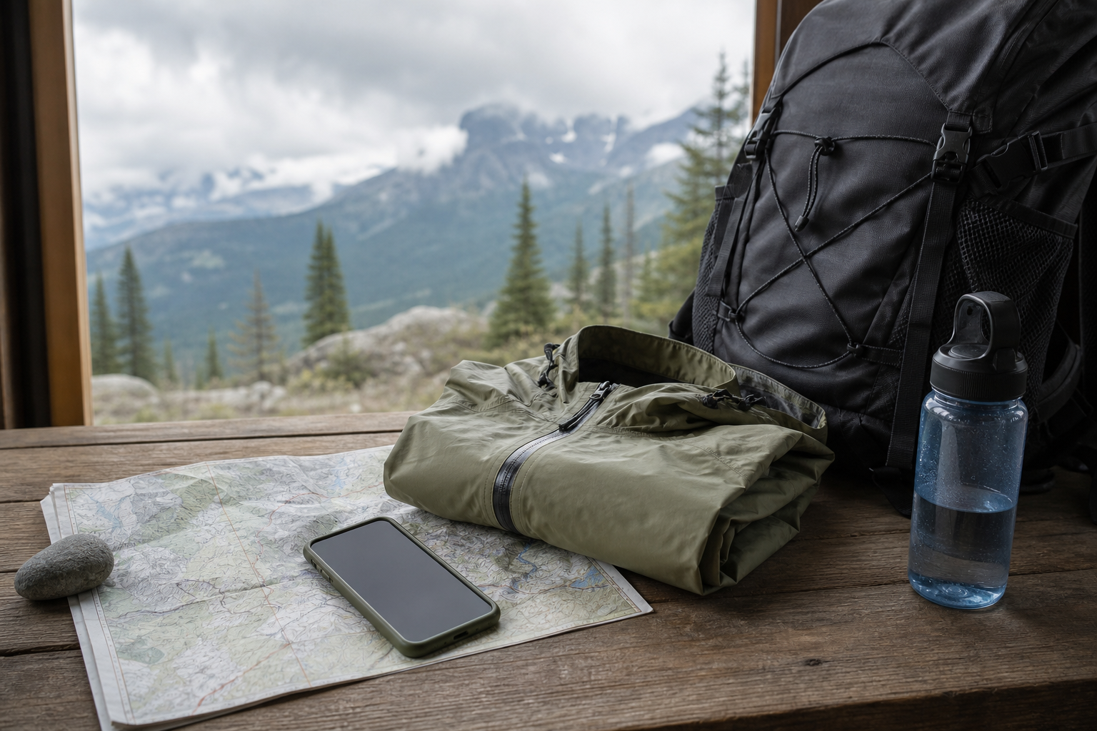 Zaino impermeabile mappa e telefono per preparare una gita in montagna