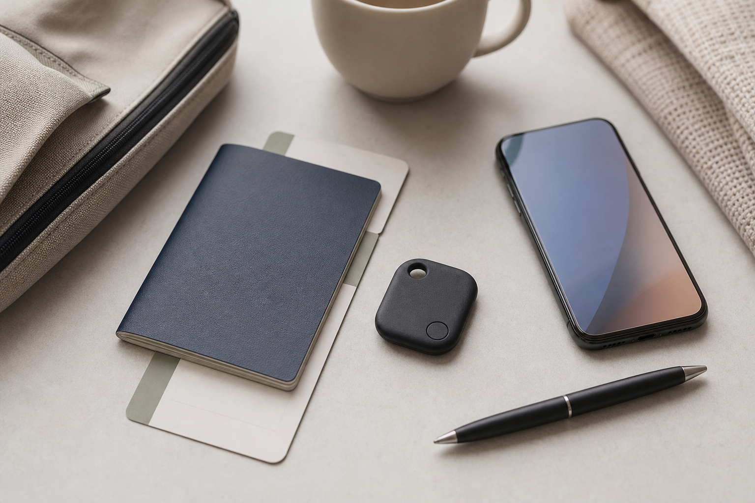 Checklist di viaggio con tracker Bluetooth generico e smartphone senza app reali