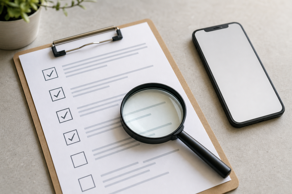 Checklist e smartphone generico per riconoscere messaggi sospetti