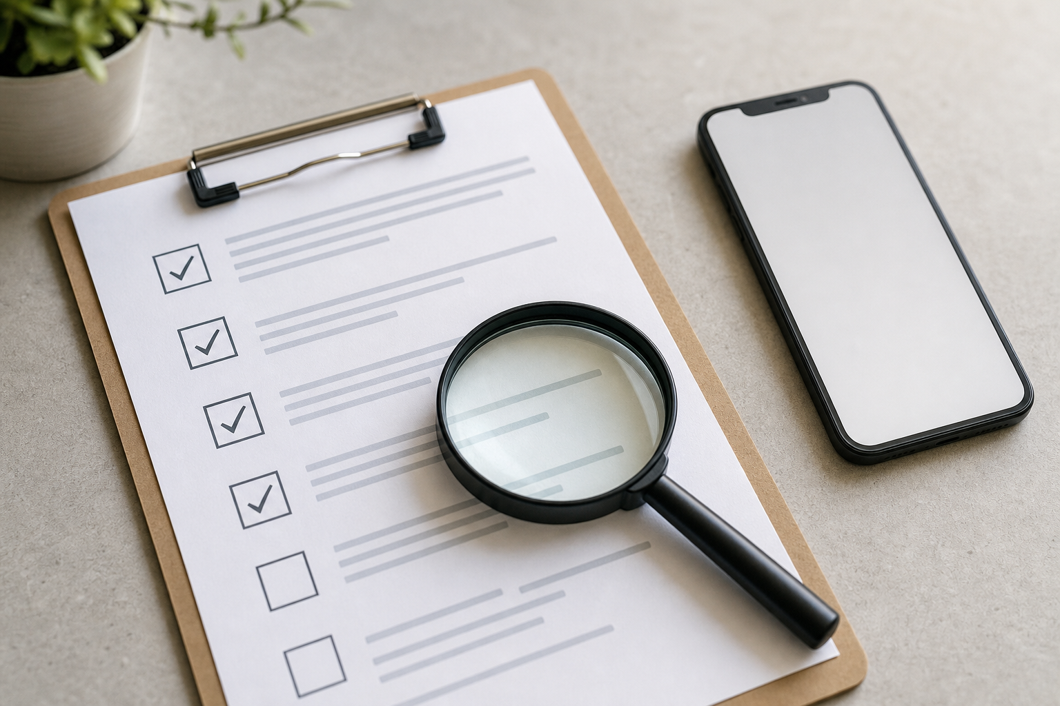 Checklist e smartphone generico per riconoscere messaggi sospetti