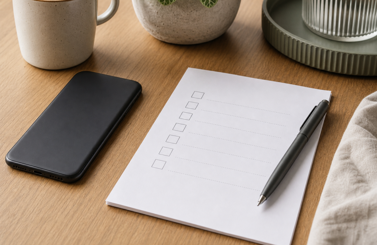 Smartphone generico e checklist per articolo sulle truffe ai consumatori