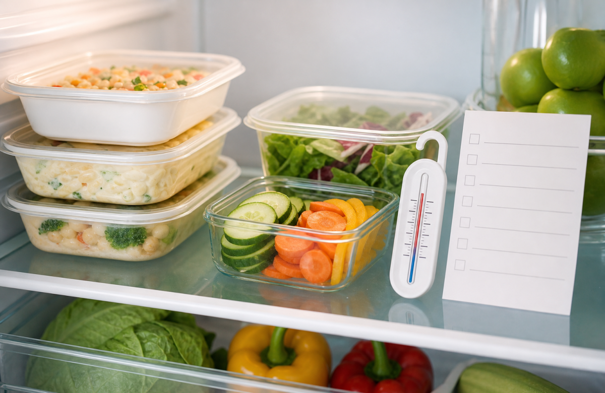 Alimenti pronti in contenitori neutri nel frigorifero con termometro