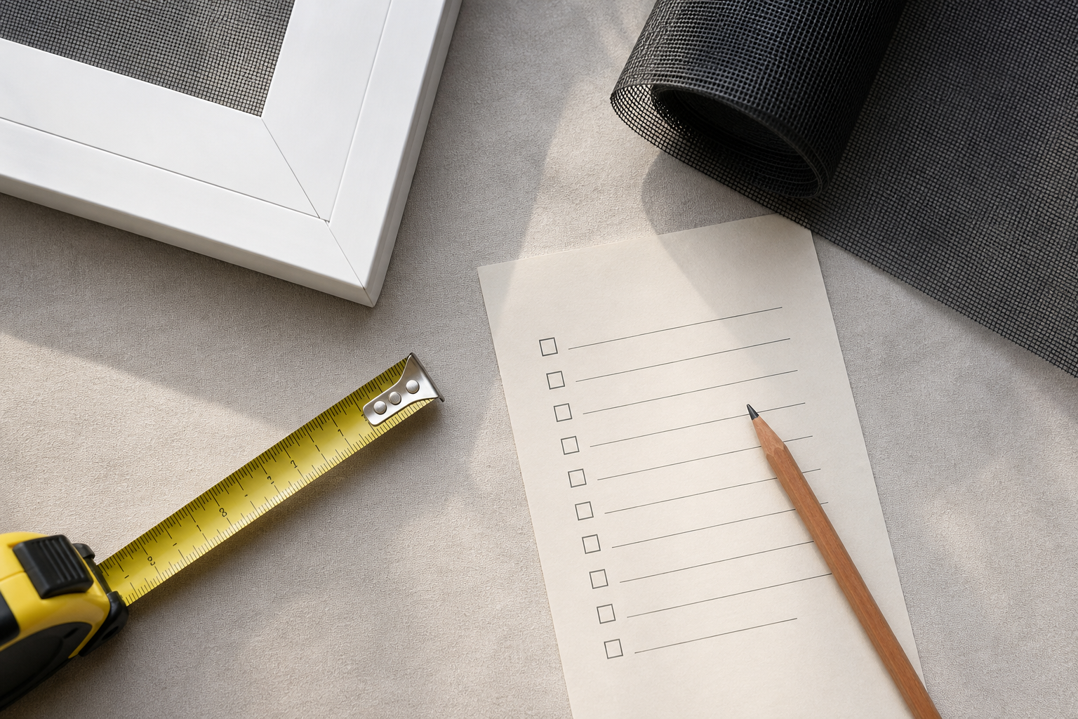 Checklist generica per zanzariere e schermature solari con metro, immagine illustrativa