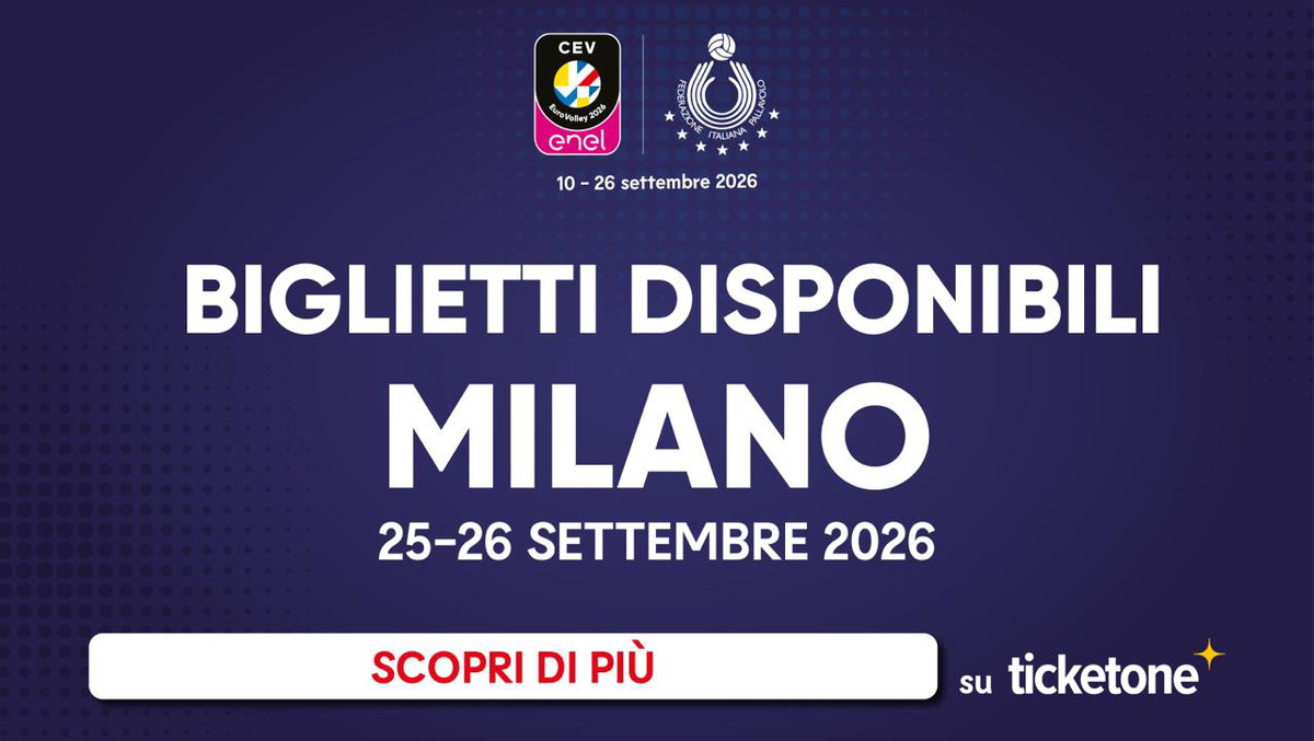 Grafica ufficiale FIPAV sui biglietti EuroVolley 2026 a Milano