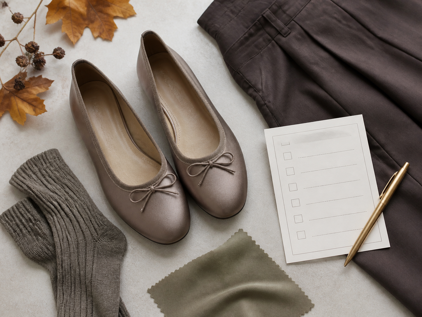 Ballerine di raso con calze tessuti e checklist