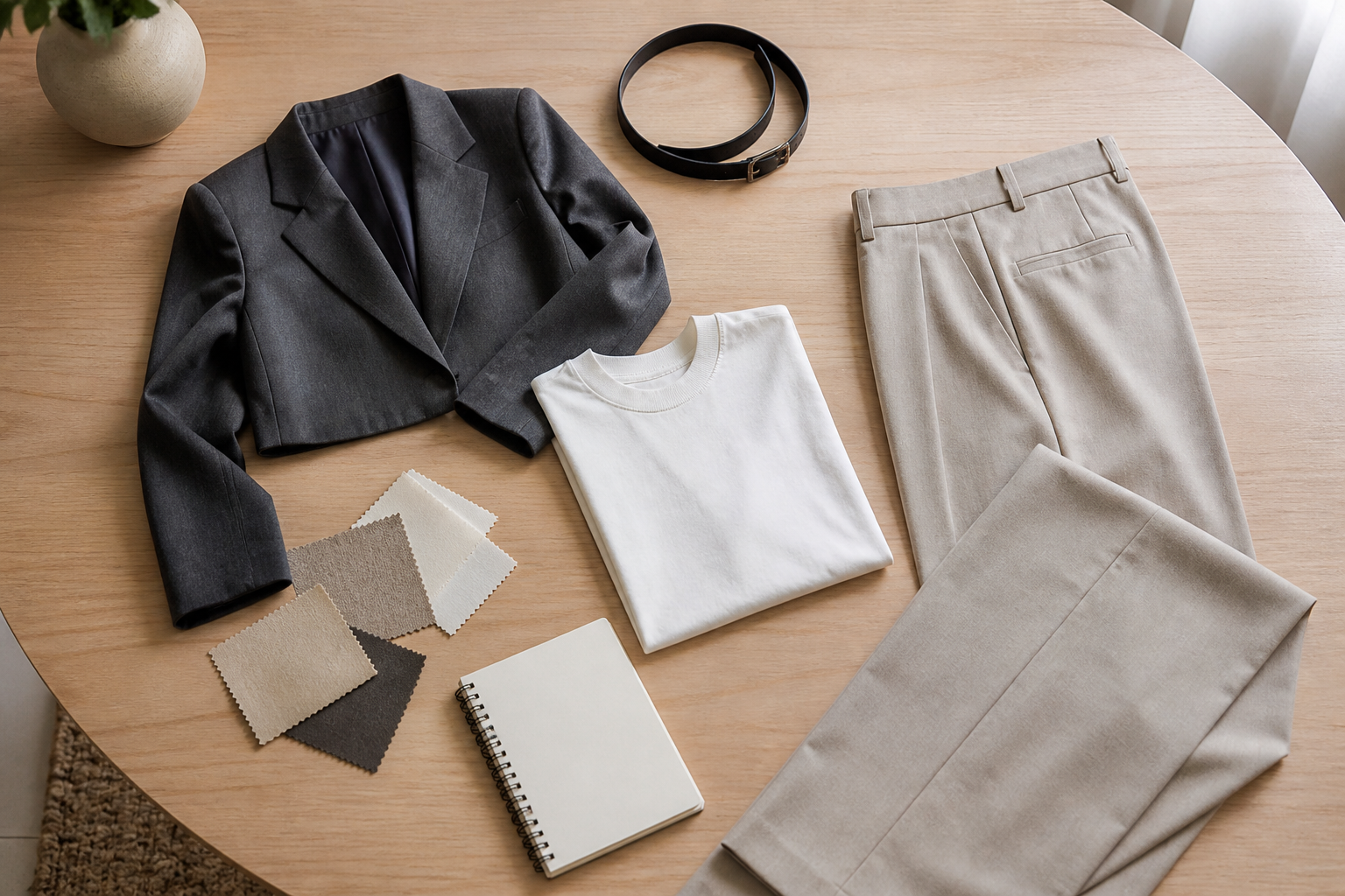 Blazer corto con pantaloni tessuti e quaderno vuoto su tavolo