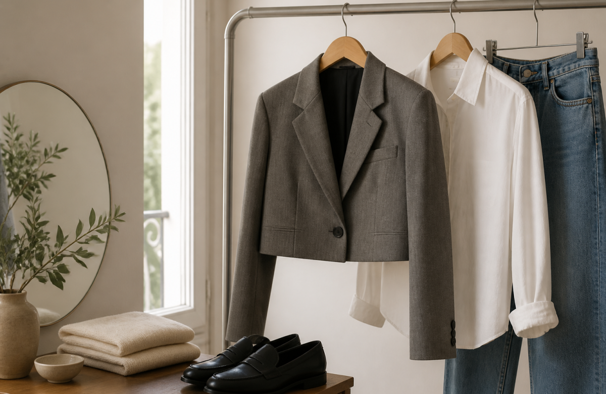 Blazer corto con camicia jeans e mocassini in un guardaroba domestico