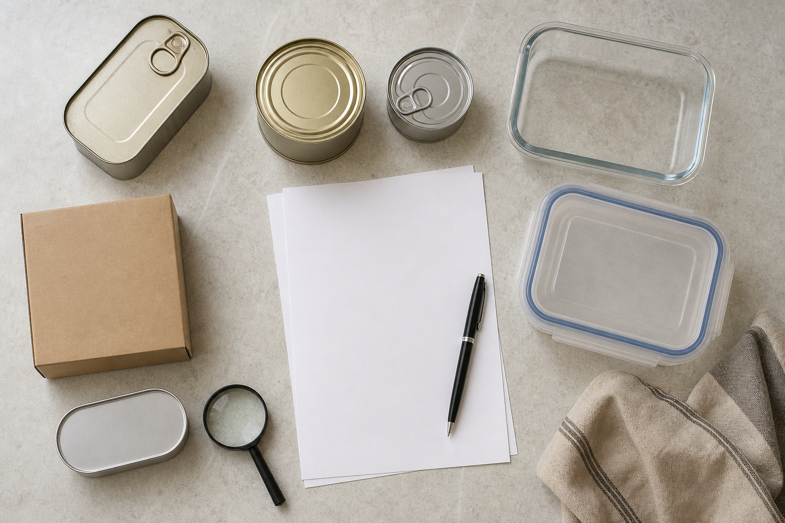 Contenitori alimentari anonimi e fogli bianchi per una checklist