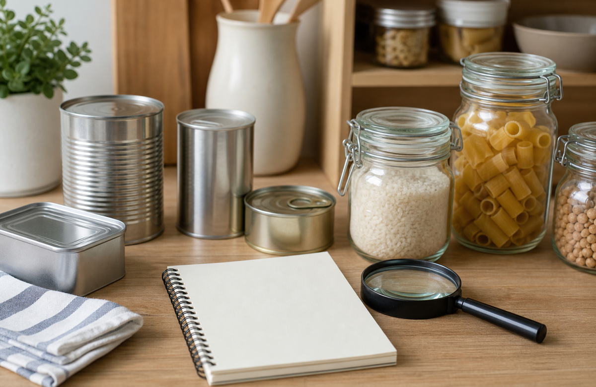 Lattine e contenitori alimentari generici con quaderno e lente