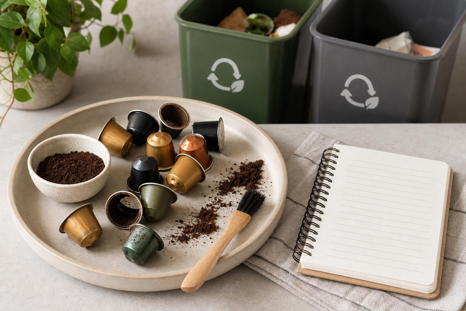 Capsule da caffè usate generiche con fondi di caffè e quaderno vuoto