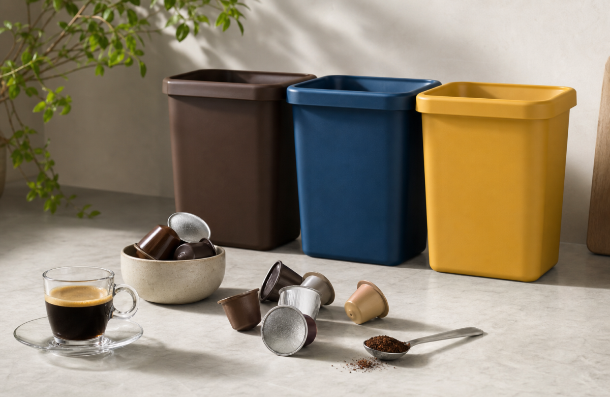 Capsule da caffè generiche accanto a contenitori neutri per la raccolta differenziata