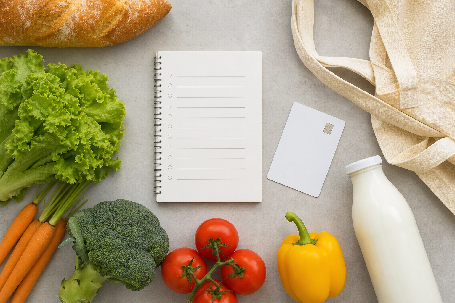 Lista della spesa con carta generica e alimenti