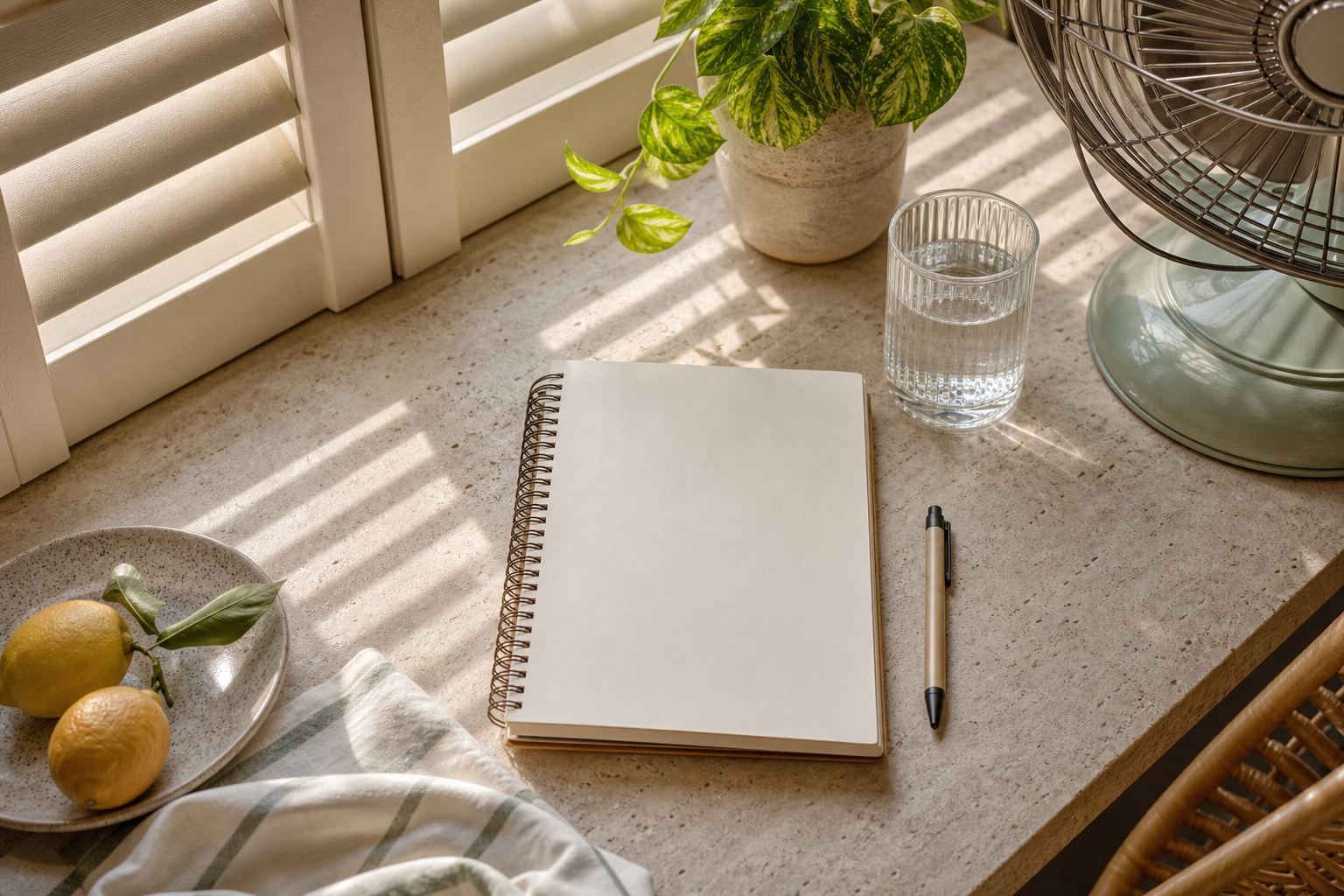 Taccuino e ventilatore per una checklist contro il caldo in casa