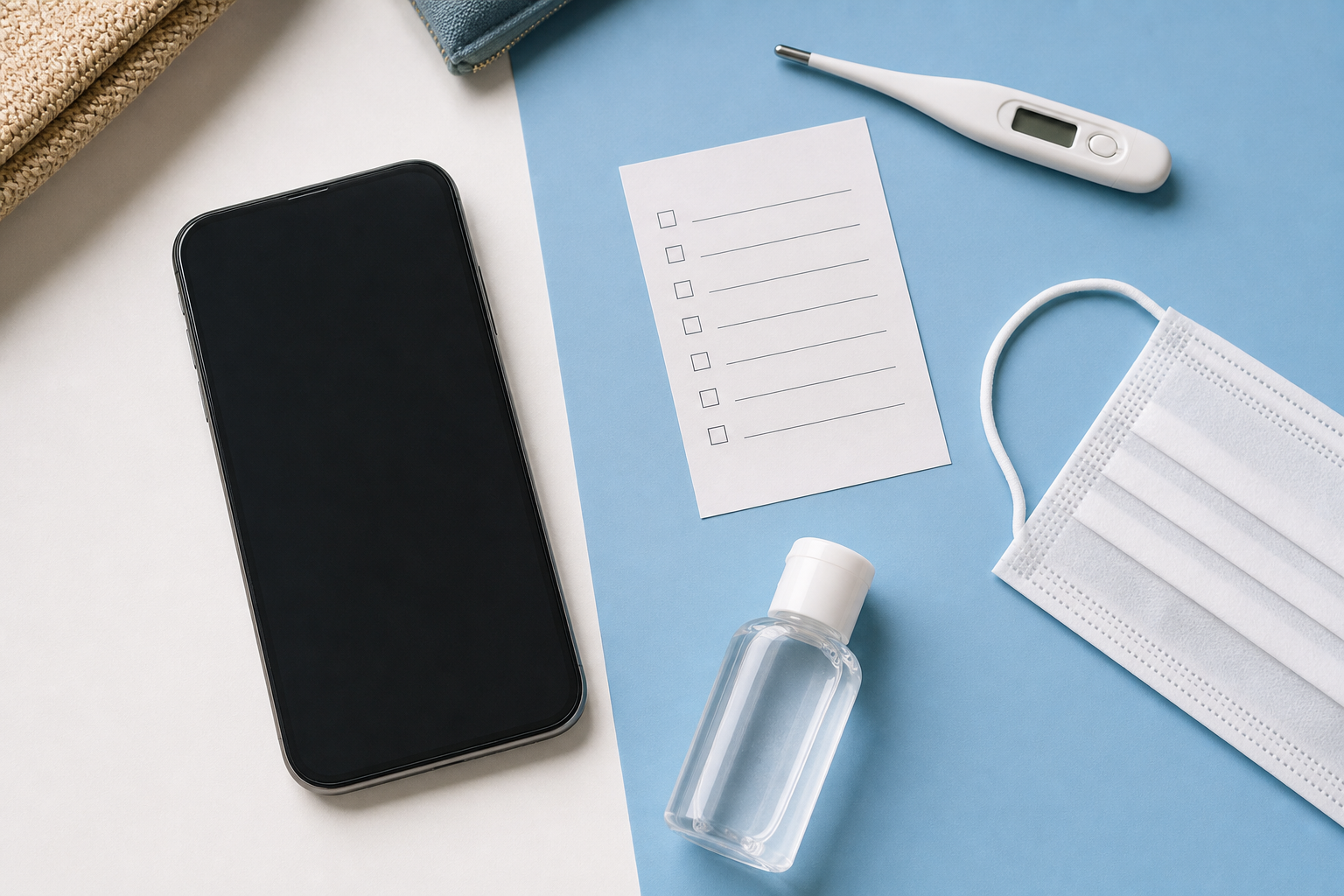Telefono mascherina e checklist vuota per controlli sanitari prima del viaggio