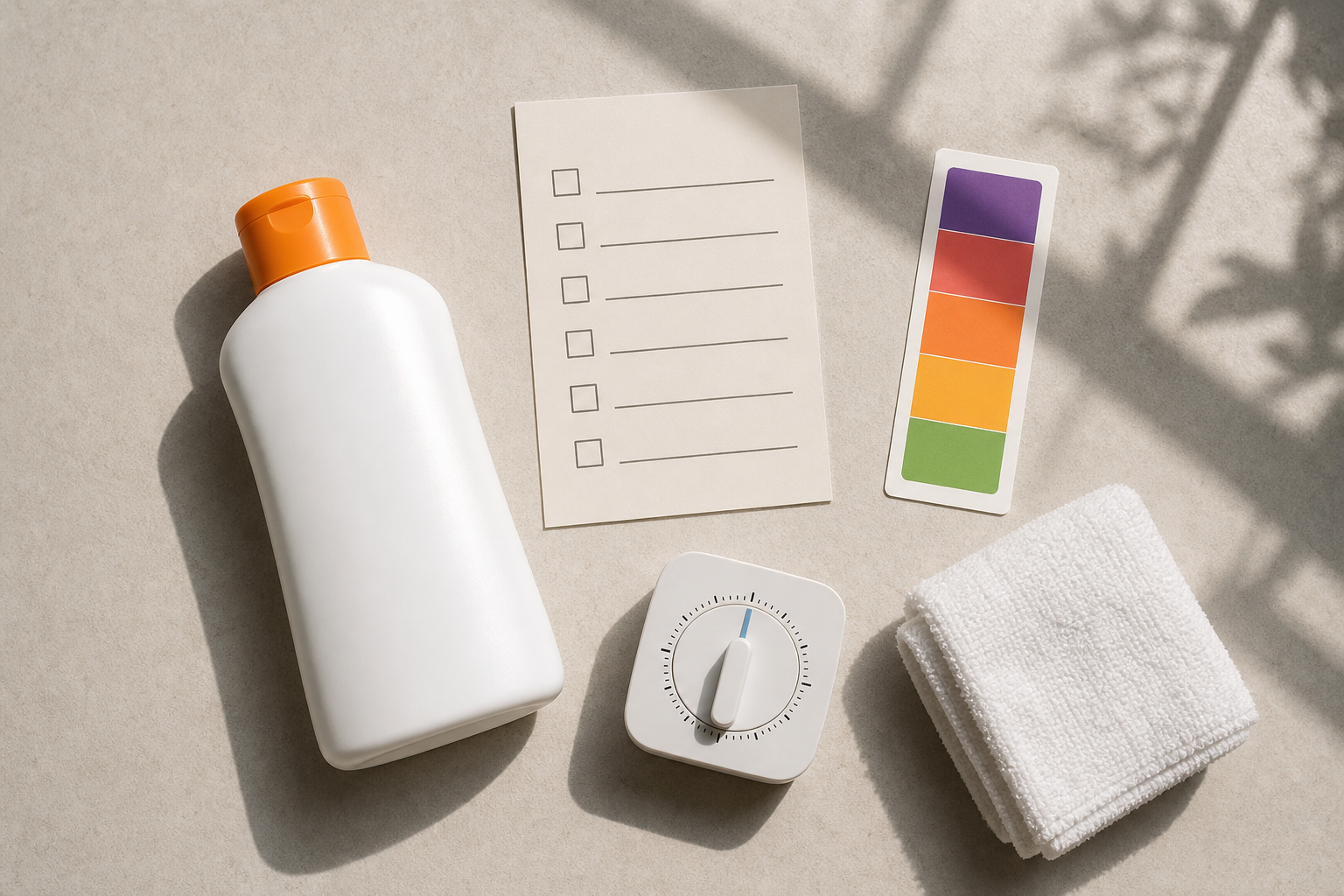 Flacone solare anonimo con checklist e indicatori colore