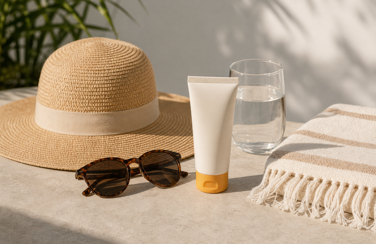 Crema solare anonima con cappello e acqua