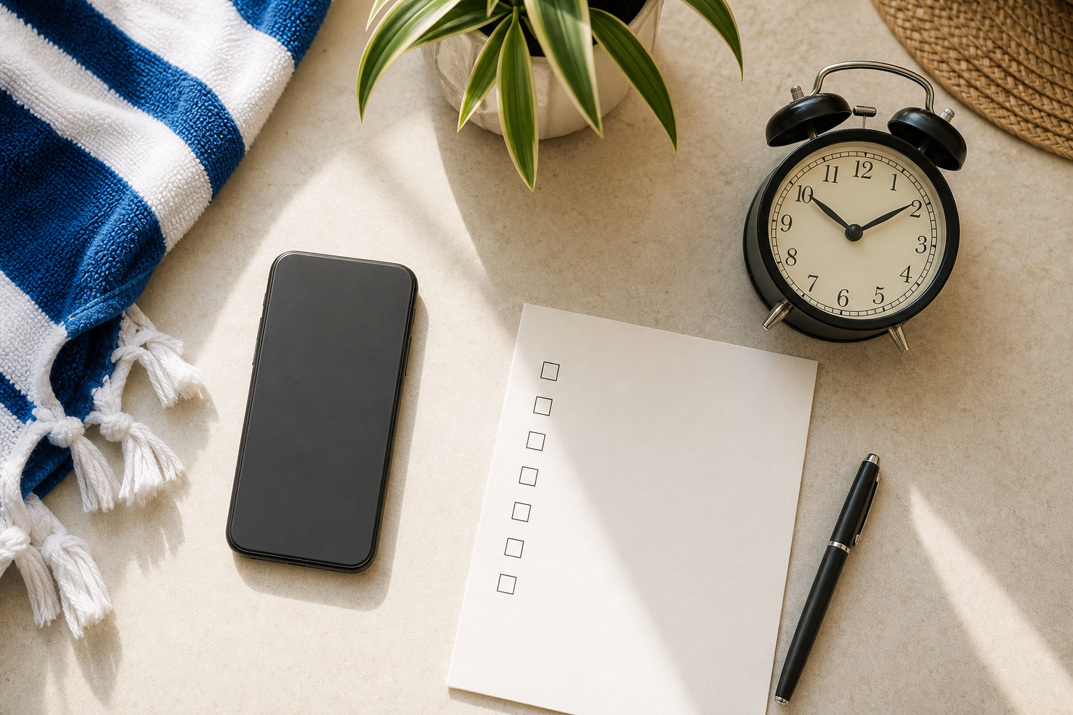 Telefono anonimo con sveglia e checklist vuota