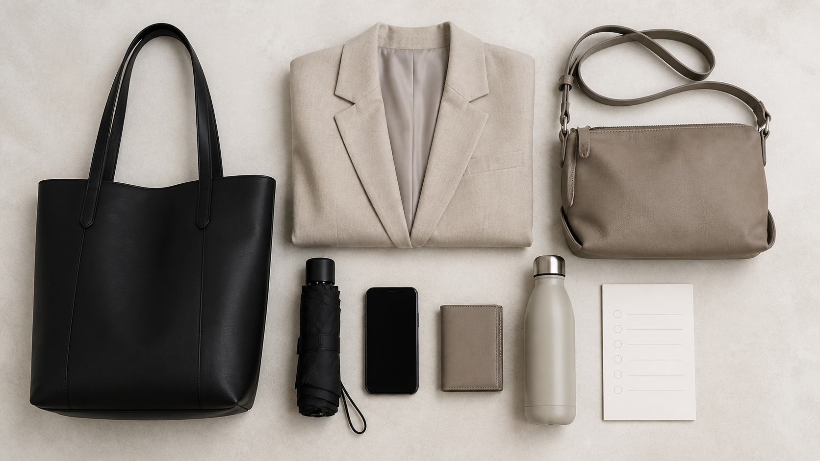 Due borse anonime con blazer e oggetti da ufficio