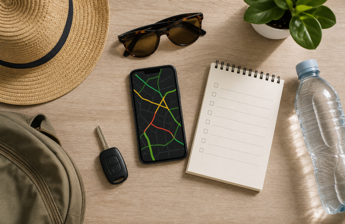 Telefono con linee di percorso anonime e checklist di viaggio