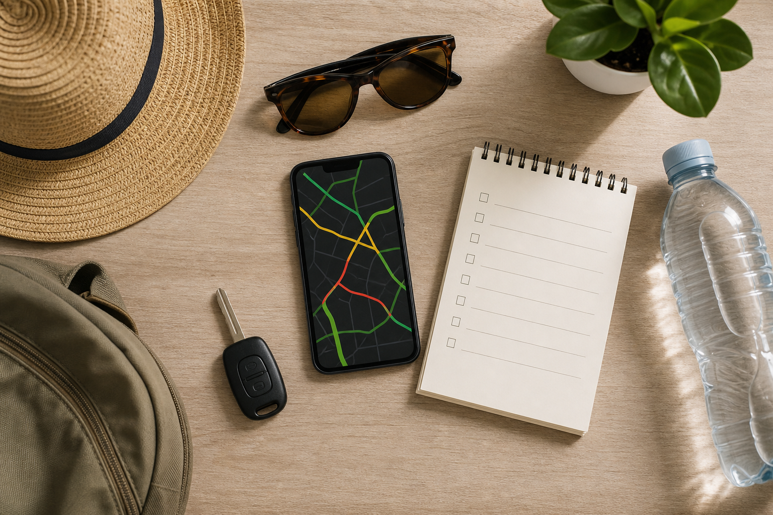 Telefono con linee di percorso anonime e checklist di viaggio