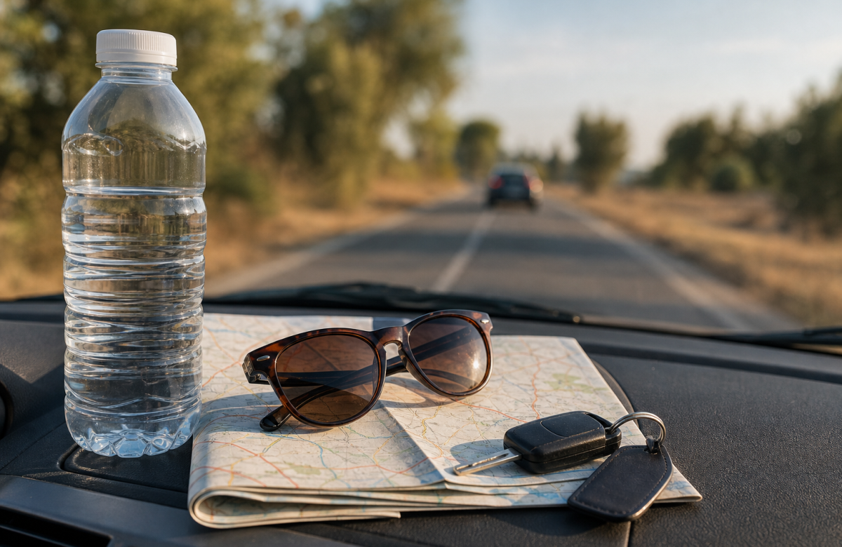 Acqua occhiali mappa e chiavi per un viaggio estivo in auto