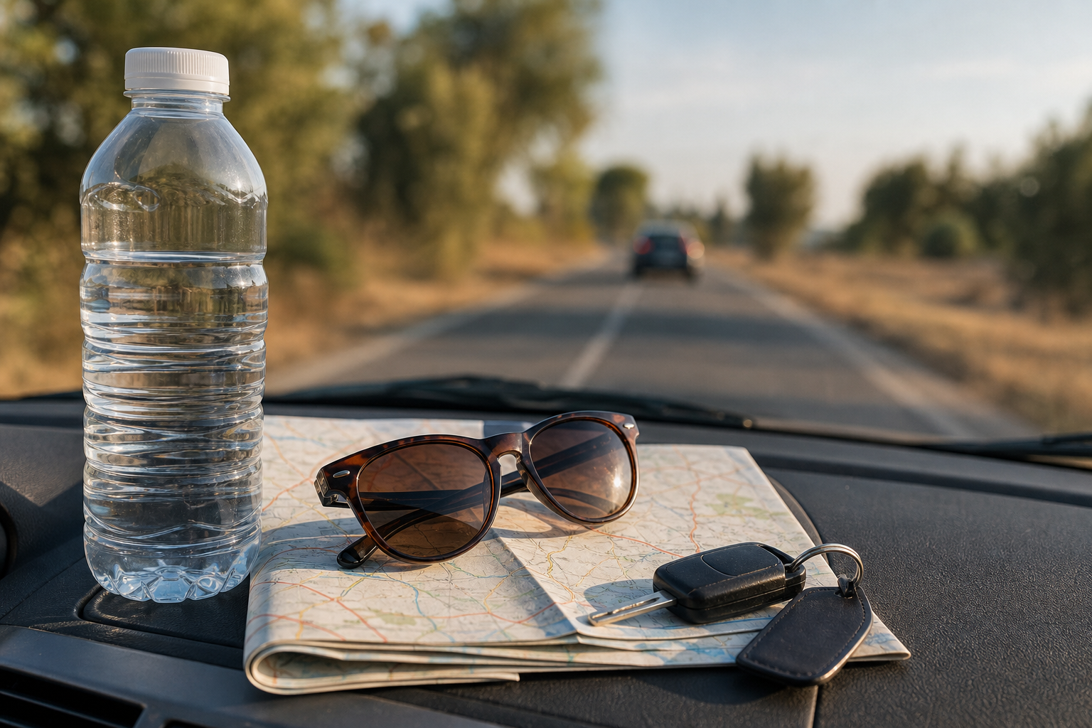 Acqua occhiali mappa e chiavi per un viaggio estivo in auto