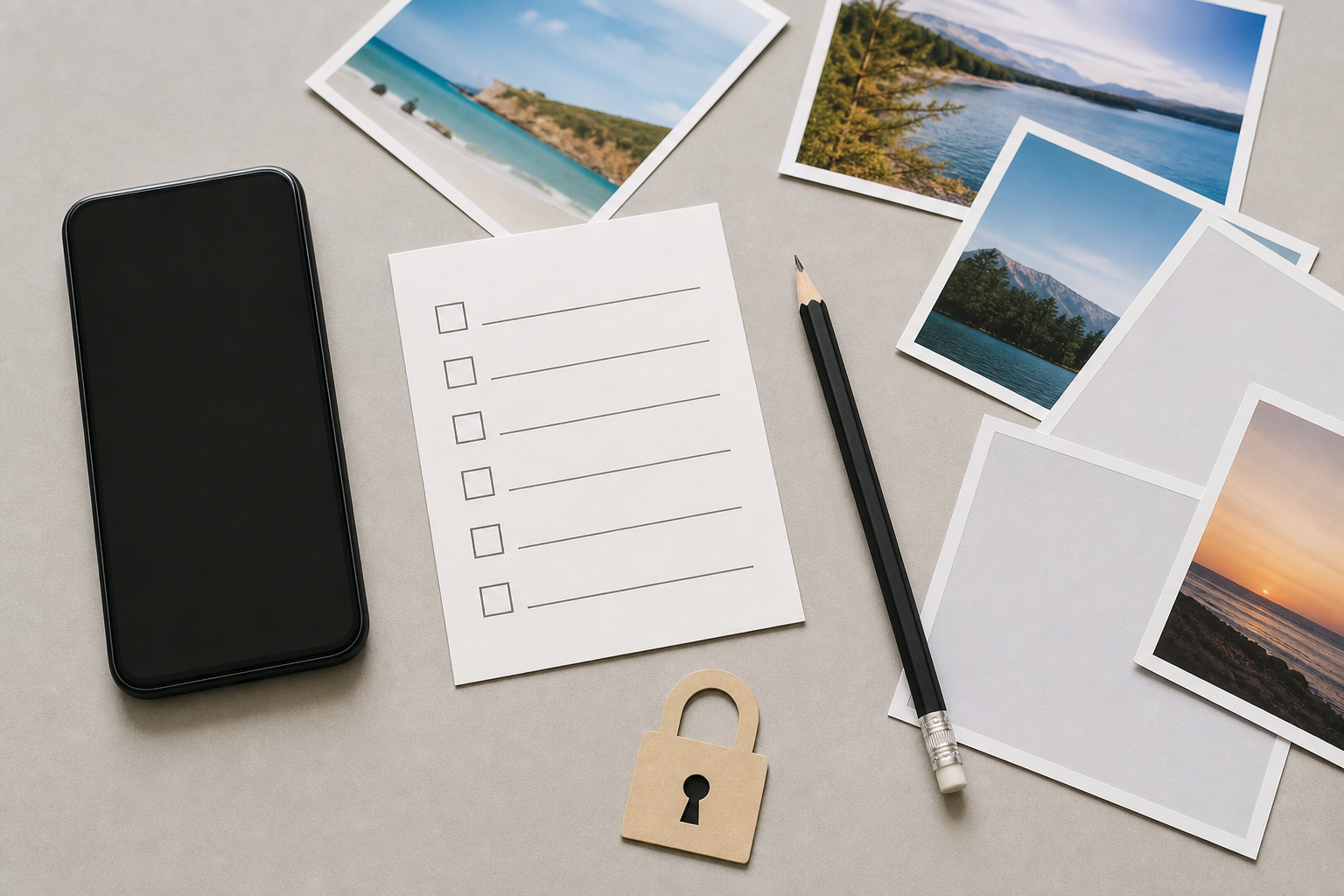 Smartphone anonimo con fotografie e checklist privacy
