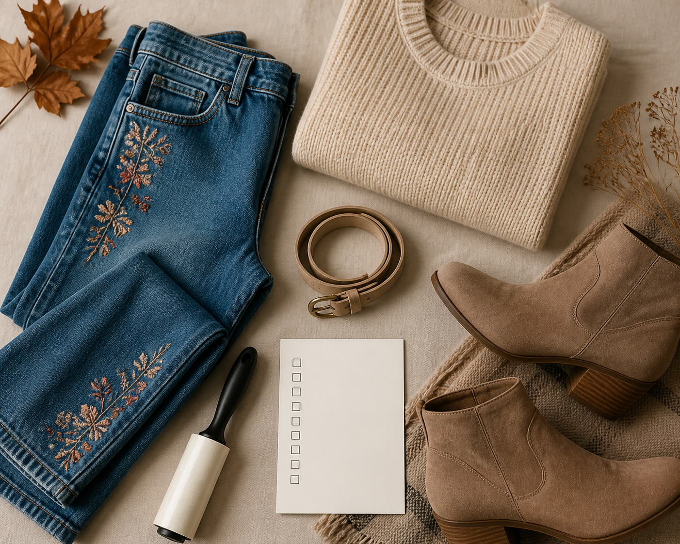 Jeans ricamati generici con maglia e checklist per organizzare un look
