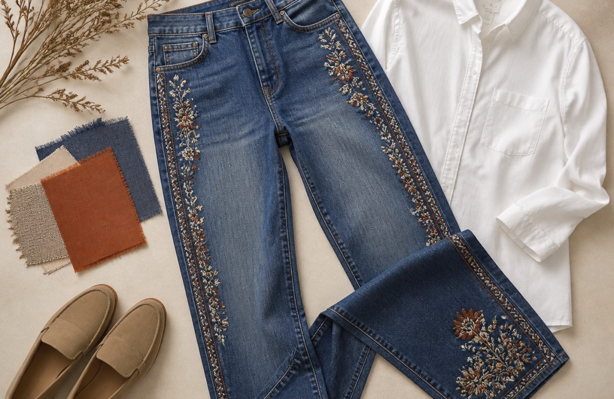 Jeans ricamati generici con camicia bianca e campioni tessuto