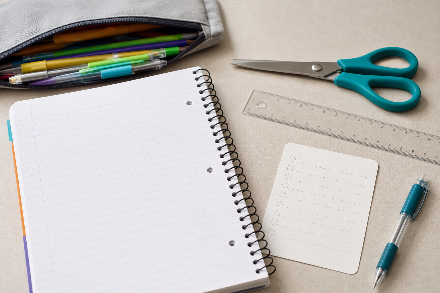Quaderno, forbici e righello per preparare una postazione scolastica per mancini
