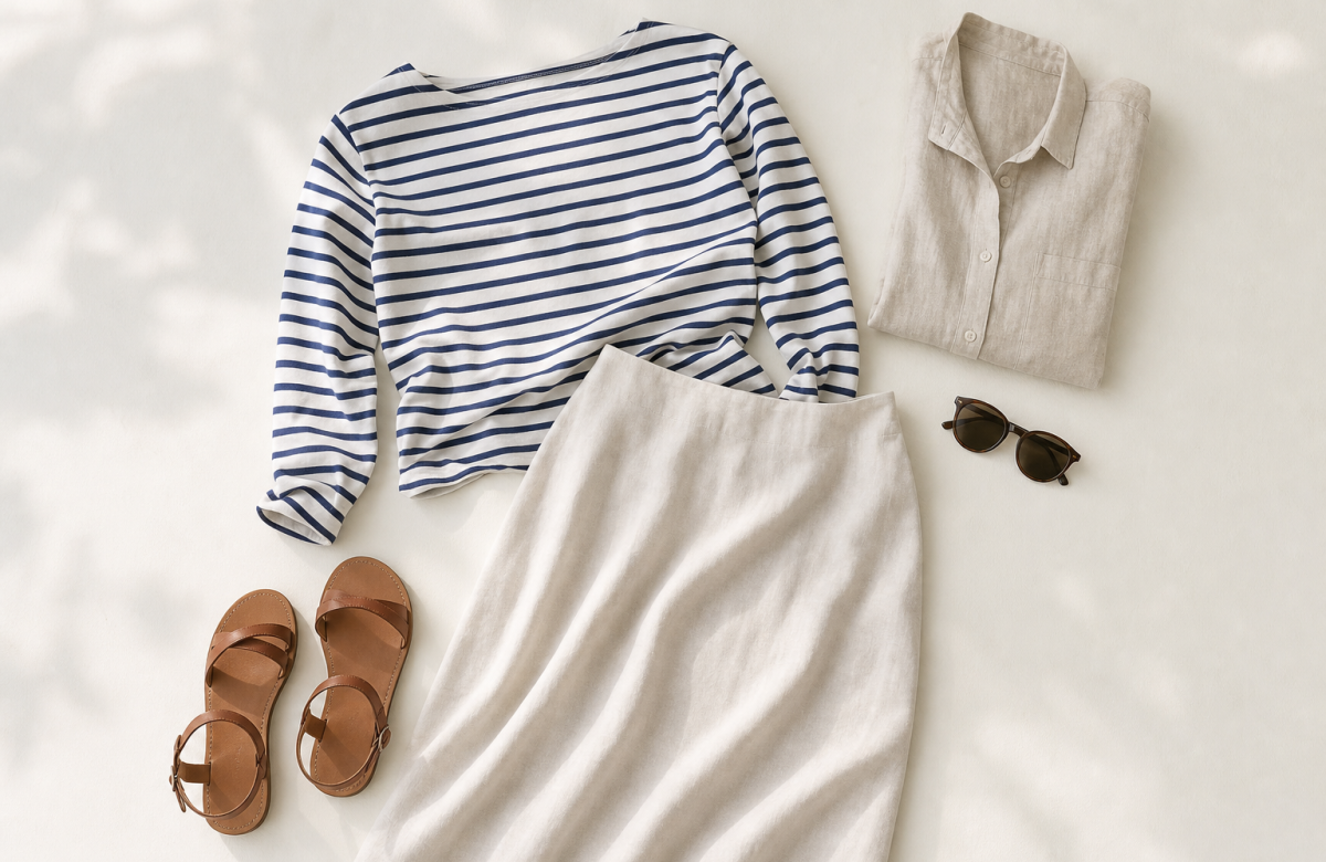 Maglia a righe marinare con gonna chiara e accessori estivi