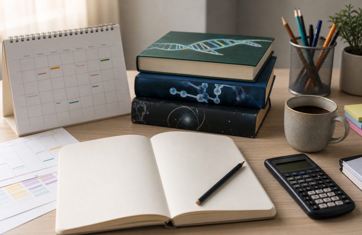 Libri quaderno e calendario generici per organizzare il semestre aperto di Medicina