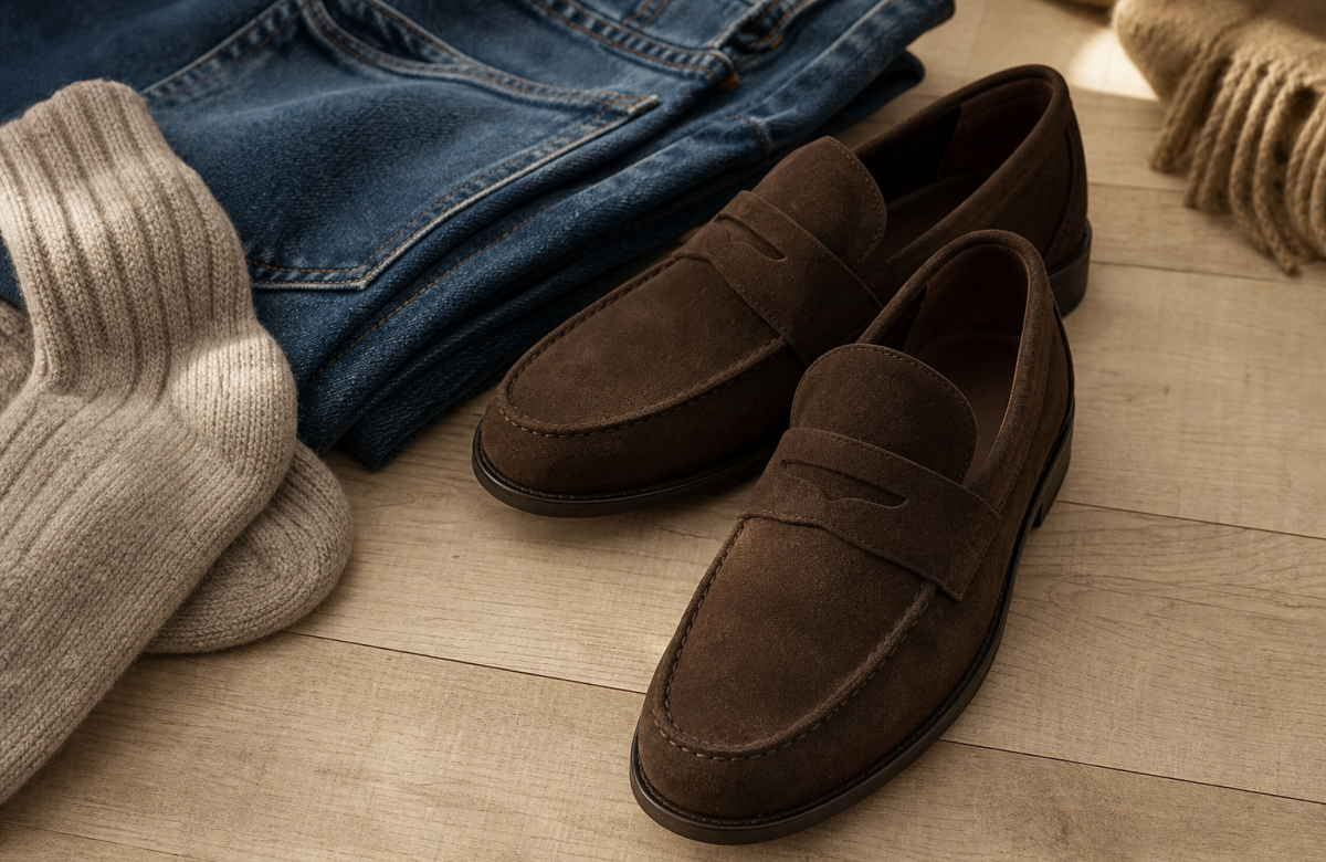 Mocassini marroni generici con jeans e calze