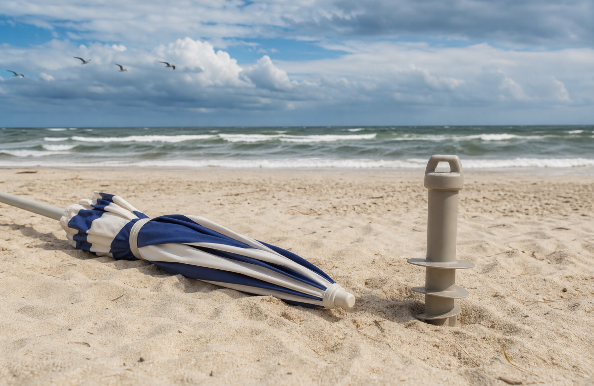 Ombrellone chiuso con ancora nella sabbia in una spiaggia generica