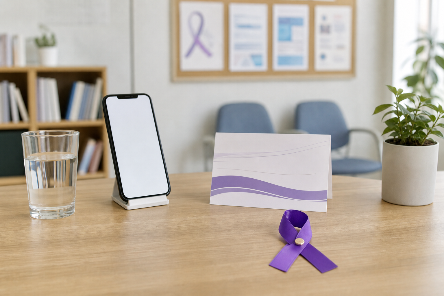 Nastro viola e materiali informativi generici per una campagna di sensibilizzazione