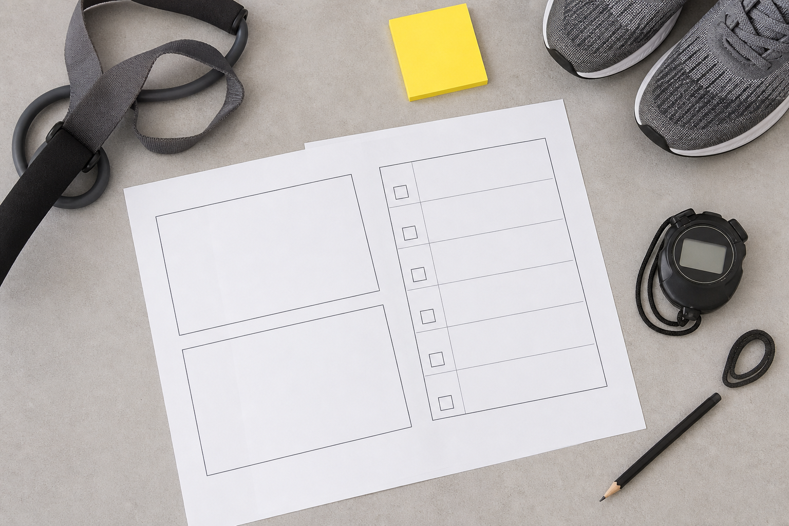 Checklist e oggetti fitness anonimi per valutare un abbonamento in palestra