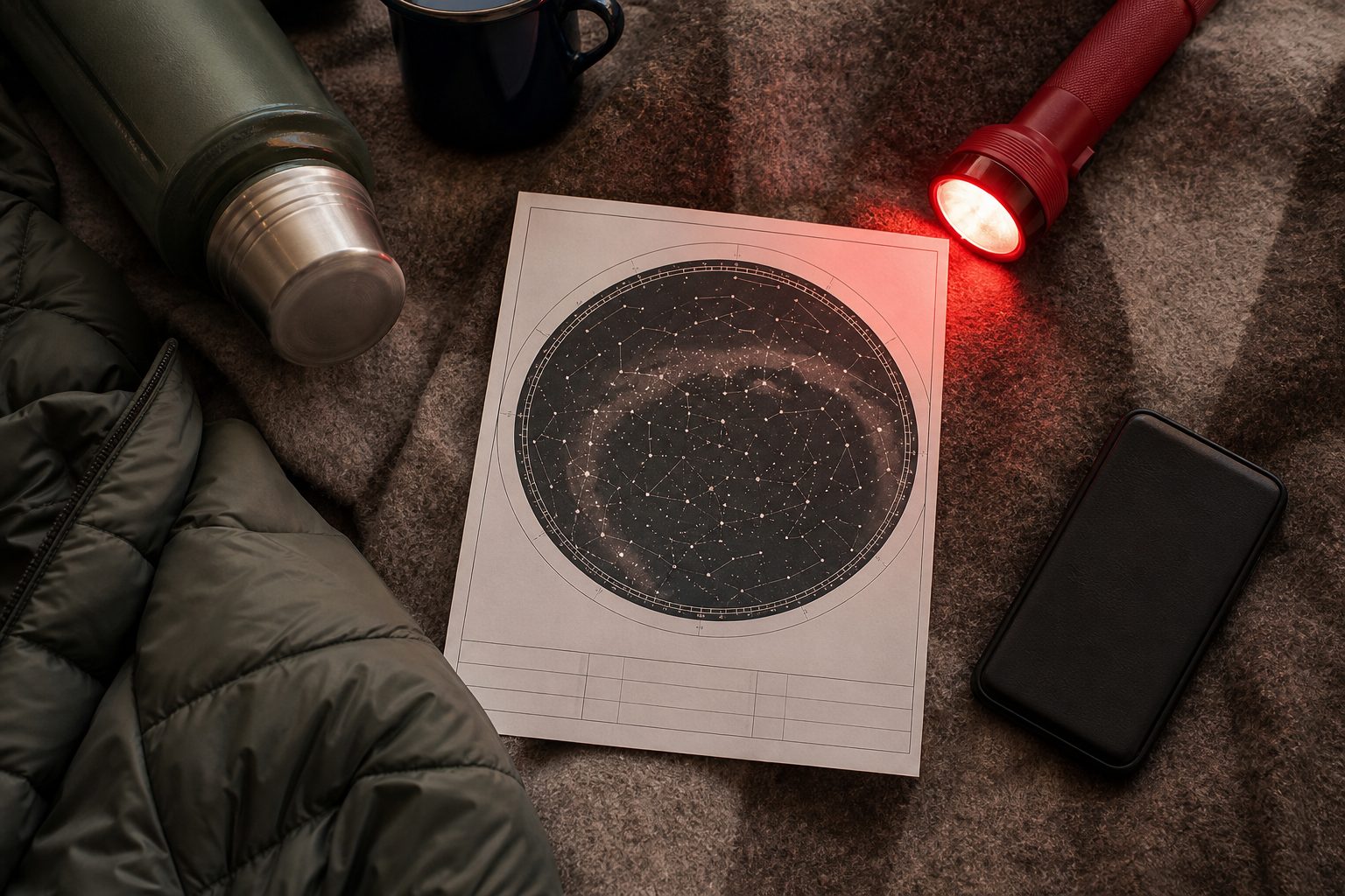 Mappa del cielo generica, torcia rossa e thermos