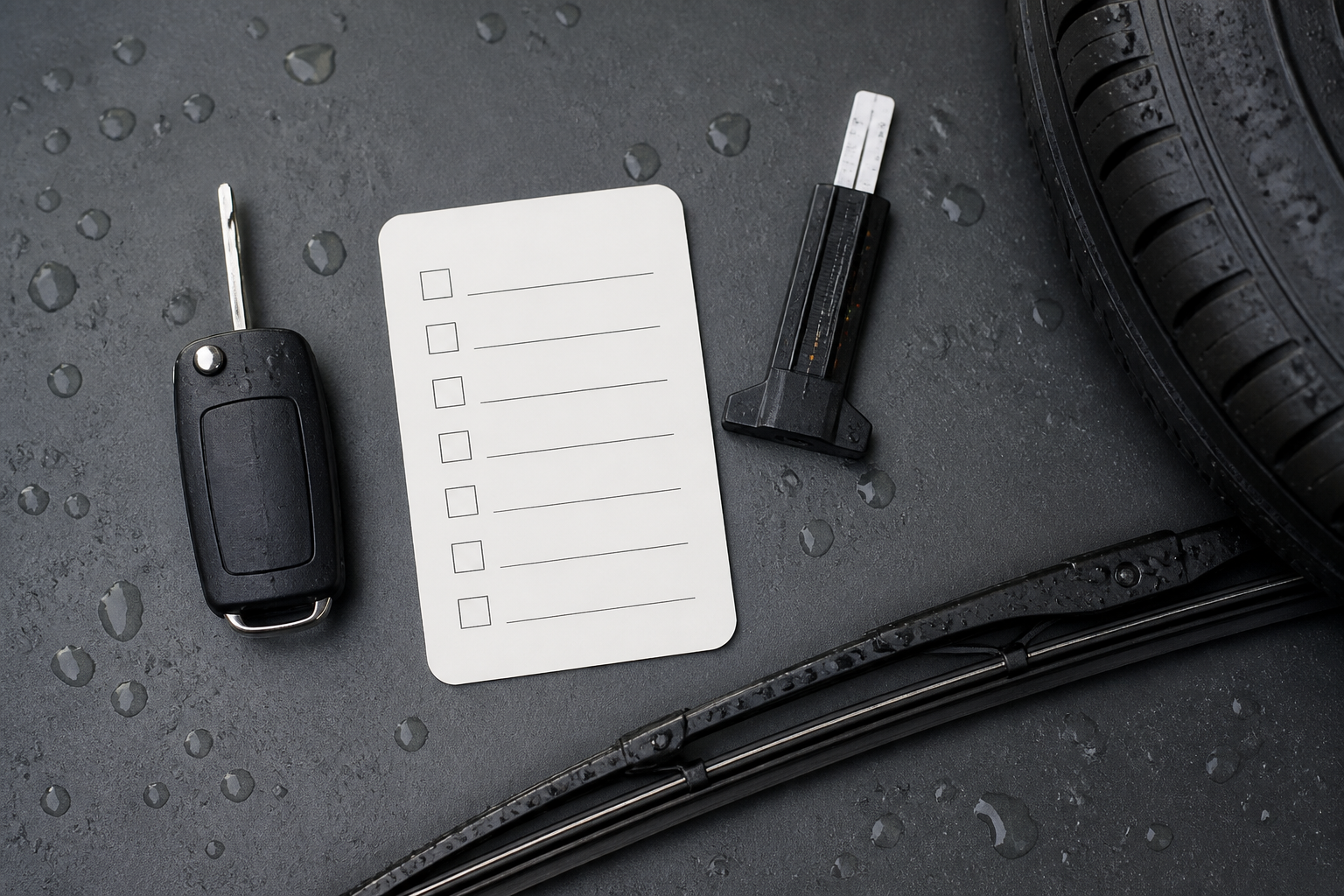 Checklist generica con pneumatico e tergicristallo per guidare con pioggia