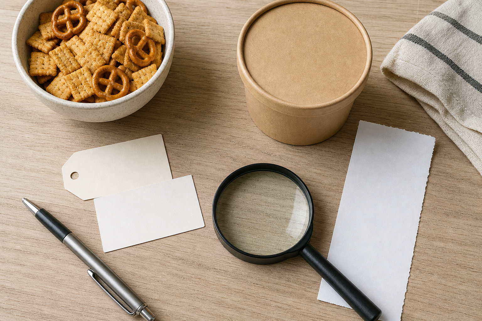 Snack generici e schede bianche per leggere un richiamo alimentare