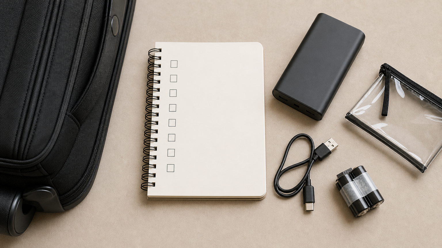 Power bank anonimo con cavo custodia e checklist da viaggio