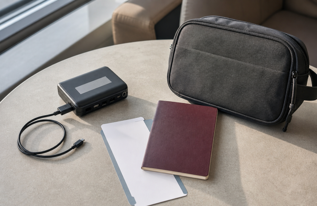 Power bank anonimo con documenti di viaggio e borsa da cabina