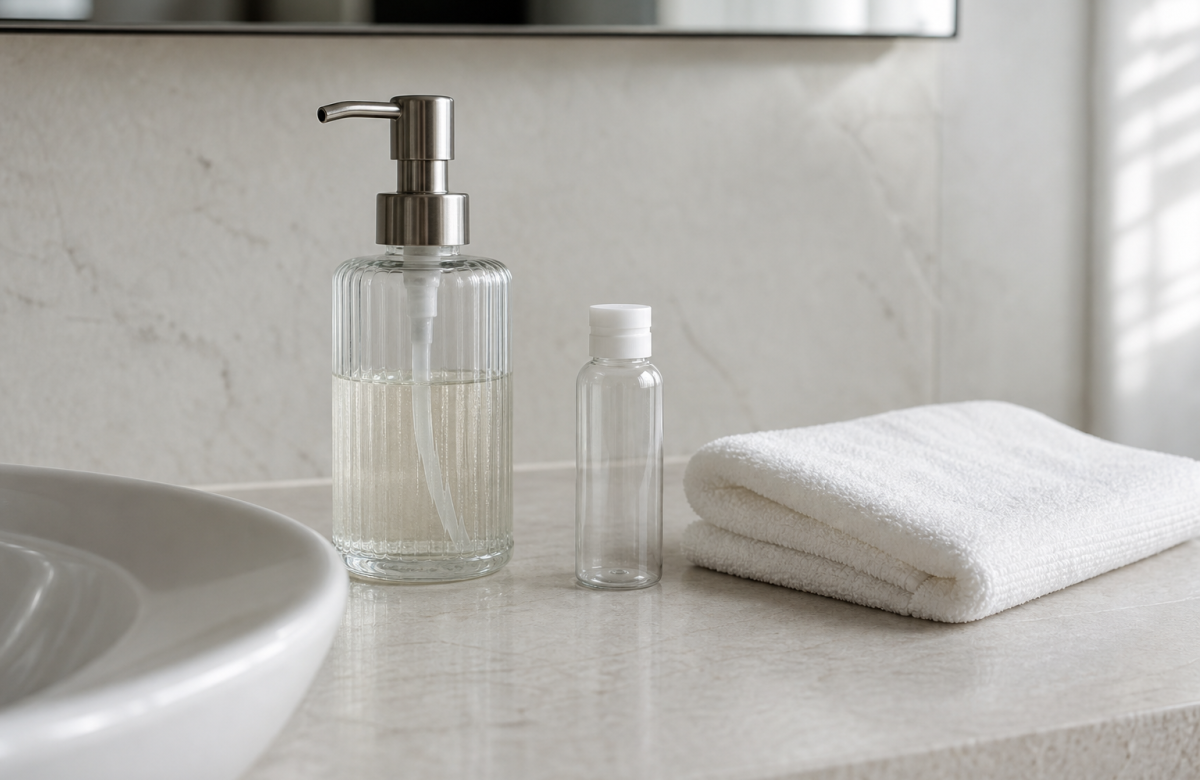 Dispenser e flacone generici in un bagno di hotel anonimo