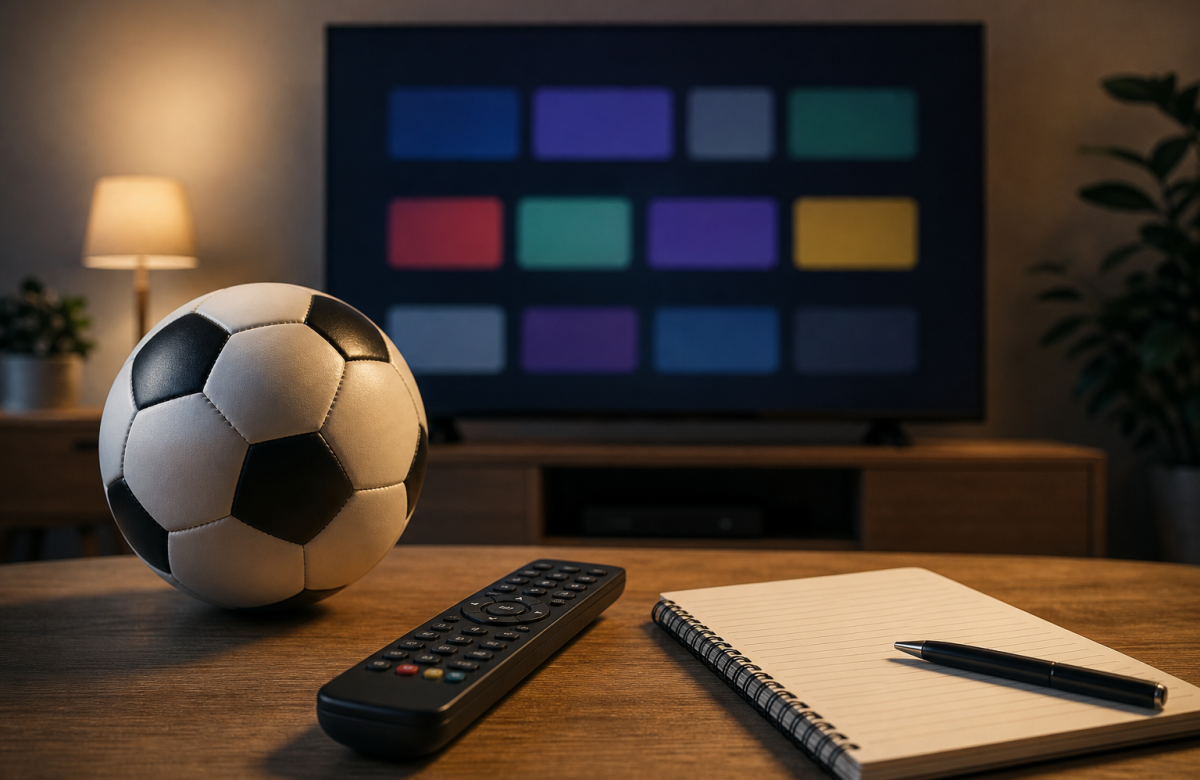 Pallone e telecomando davanti a uno schermo TV generico