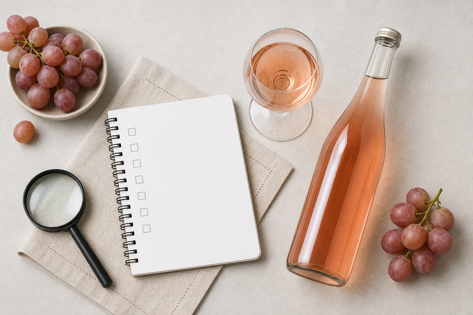Checklist vuota e bicchiere rosato per leggere etichette di vino dealcolato