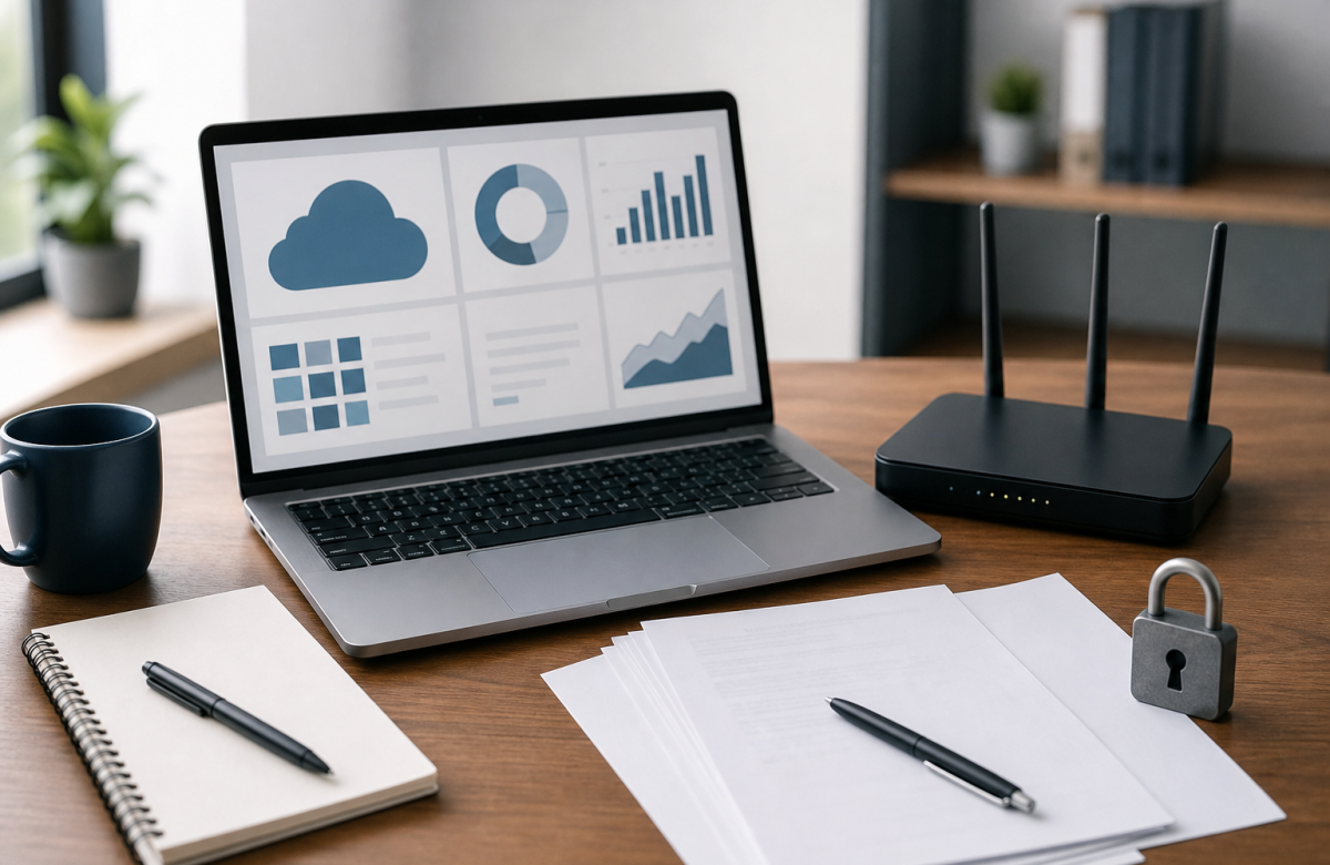 Laptop e router per valutare un investimento cloud e cybersecurity
