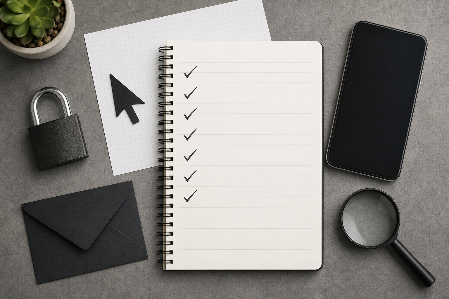 Checklist generica con lucchetto e busta per riconoscere email sospette