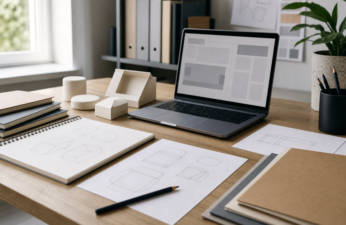 Progetti e prototipi anonimi su una scrivania di lavoro