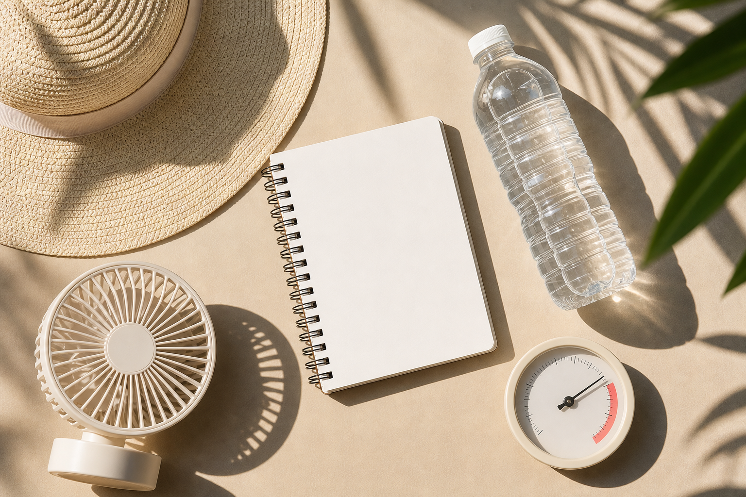Quaderno acqua cappello e ventilatore per organizzarsi contro il caldo
