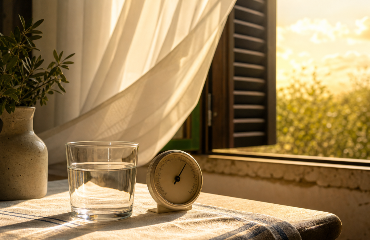 Finestra aperta con acqua e termometro per una giornata calda