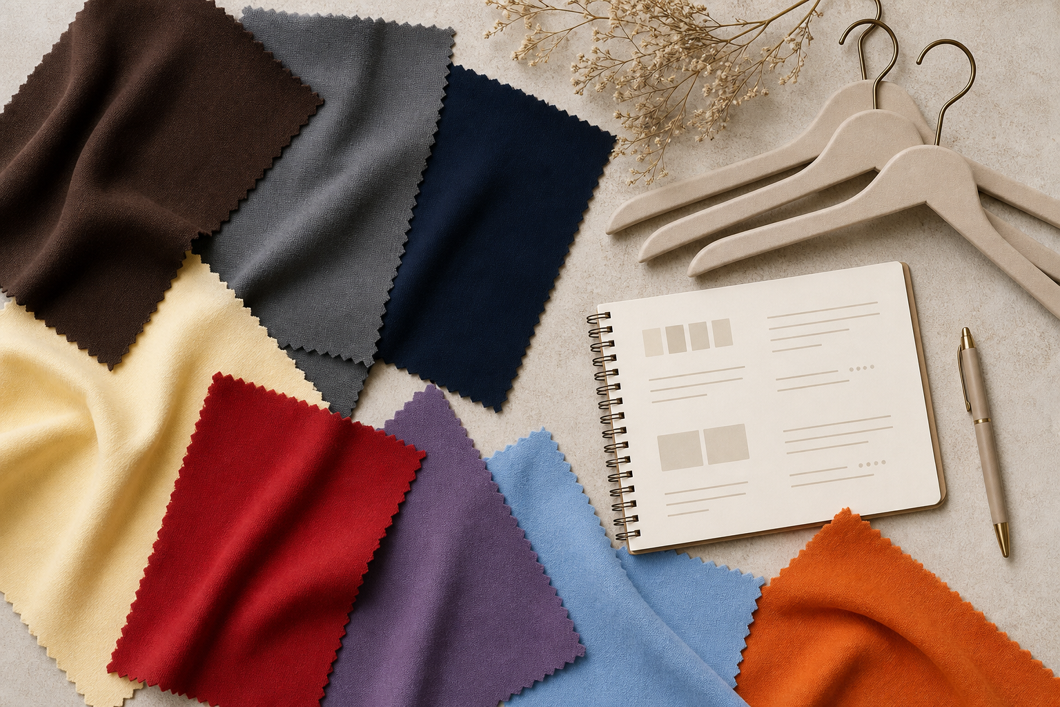 Campioni di tessuto anonimi e quaderno per scegliere i colori del guardaroba